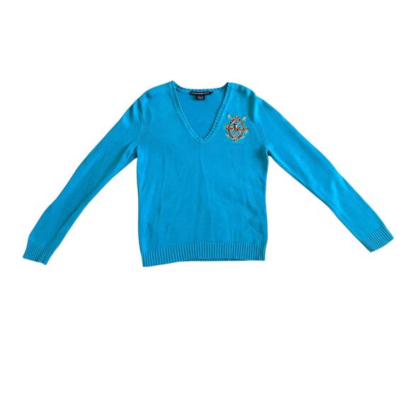 VTG Ralph Lauren Turquoise Crescent Sweater V-Neck Long Sleeve Pullover Size XL - Picture 4 of 16